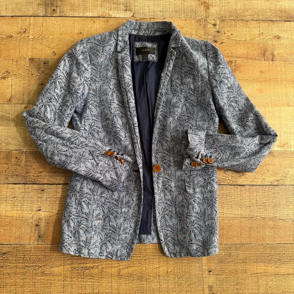 J.Crew Linen Palm Tree Print One Button Summer Blazer Navy Blue Size 2